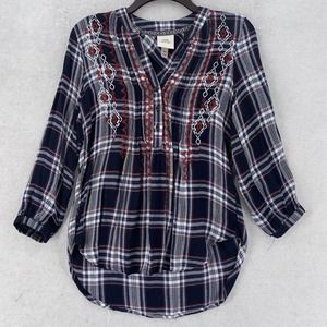 Knox Rose Top Womens SMALL Blouse Cottegecore‎ Boho Plaid Peasant 3/4 Sleeve